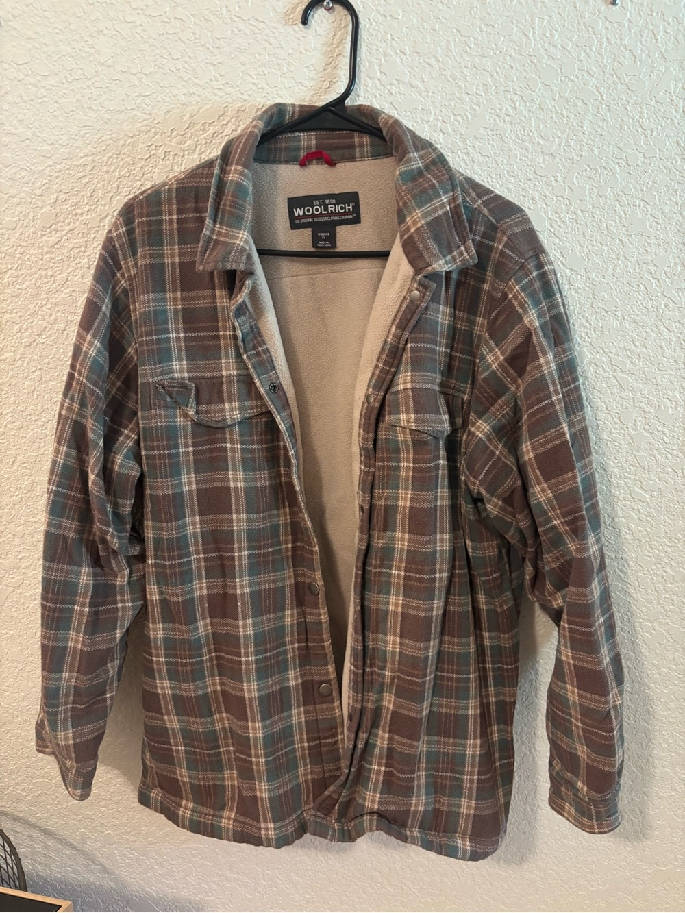 Woolrich Brown Plaid Sherpa-Lined Shirt Jacket with Blue Accents